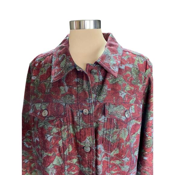 CJ Banks Wine Green Leaf Print Denim Jacket Plus Size 1X Fall Winter Casual - Picture 2 of 9